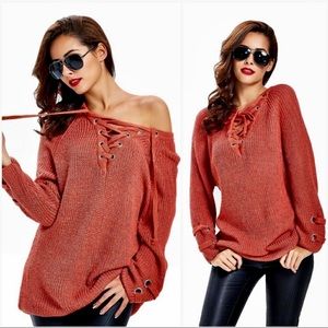 FINAL PRICE Brick Red Lace Up Sweater NEW